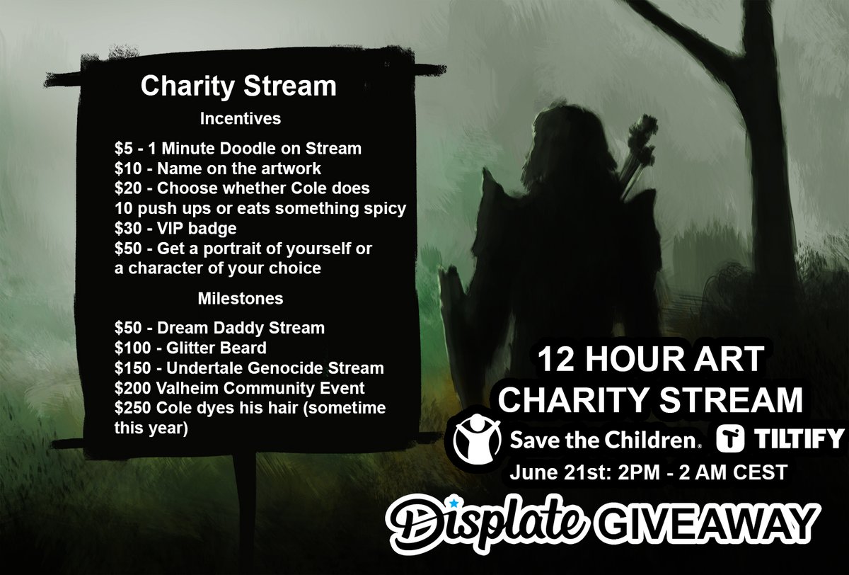 ColeEthanWoods's tweet photo. Greetings folks!
Going live with the Save the Children Charity stream in 2.5 hours!🥳
The charity is held through @tiltify and the artwork that I'll be making on stream during the 12 hours will be given away as a @Displate at the end!
Here are the donation incentives &amp; milestones https://t.co/4zVXdsBrb1