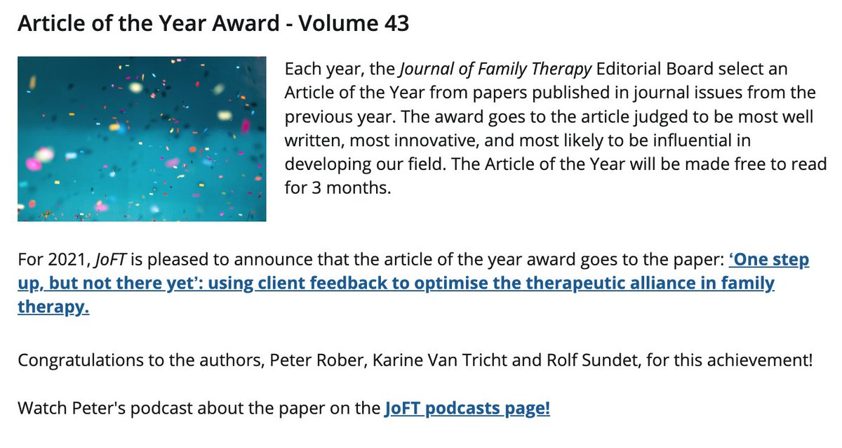 Yippee! We won the Article of the Year Award of the Journal of Family Therapy with our article "One Step Up, But Not There Yet"! 

The article can be downloaded for free via the JFT website: lnkd.in/gWVZ_Sr5