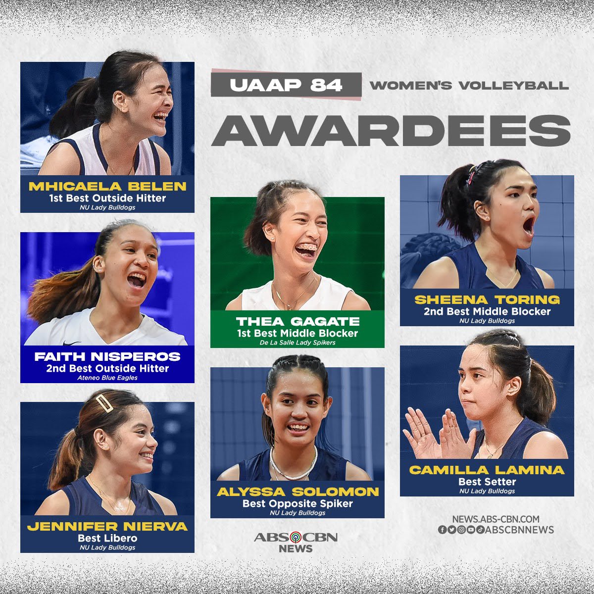 camillenaredo's tweet photo. The awardees for the UAAP Season 84 women's volleyball tournament.

All of these players are products of the NU girls volleyball program. || @ABSCBNNews https://t.co/gHDw1ykNbp