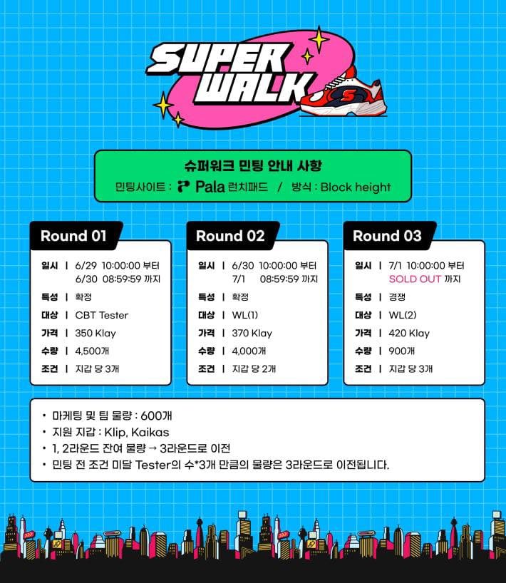 🔥슈퍼워크X클레이체크🔥

🎁상품
확정WL x25
경쟁WL x40

1️⃣ Follow
<a href="/attention_pala/">Pala l 팔라</a>
<a href="/SuperWalk_/">SuperWalk👟</a>
<a href="/KLAY_check/">jenti</a> 
2️⃣ RT, LIKE
3️⃣ 디스코드 입장
bit.ly/3QAJCEv
bit.ly/3QyPz4Y
4️⃣ 텔레그램 입장
t.me/Klaycheck
5️⃣ 구글폼 제출
bit.ly/3N7EftJ

⏱마감 6/23(목)