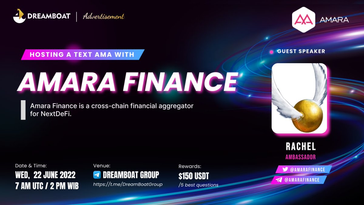 📢AMA Announcement 

We are so excited to host #AMA with <a href="/AmaraFinance/">Amara Finance</a> 

 🗓AMA Date &amp; Time: Wed, 22 June 2022 | 7:00 AM UTC | 2:00 PM WIB

💰Total #Rewards:$150 USDT
🏠Venue: t.me/DreamBoatGroup
👉Details: t.me/dreamboatcapit…

Let's join us🚀
#AmaraFinance #Dreamboat