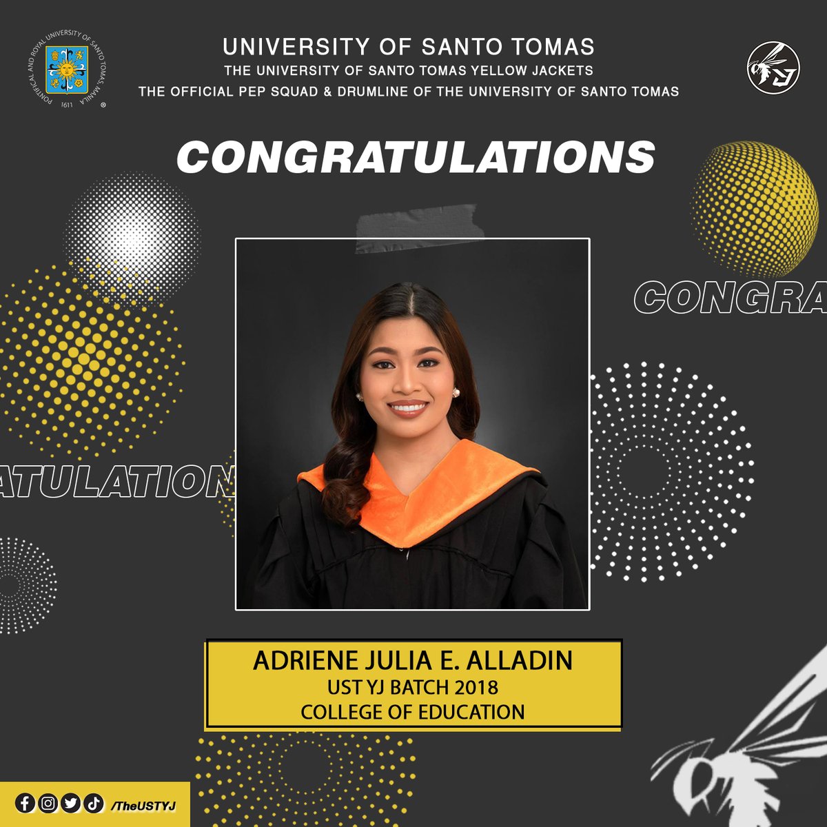 TheUSTYJ's tweet photo. Congratulations to our graduating brothers and sisters, who have given their all in both their academic fields and to the service of the Thomasian community.
We wish you all the best of luck in life.ππ₯π
#USTYJ
#KeepOnCheering
#KeepOnBanging
#OneForUST
#BrotherhoodNeverStops https://t.co/vougf0EbMm