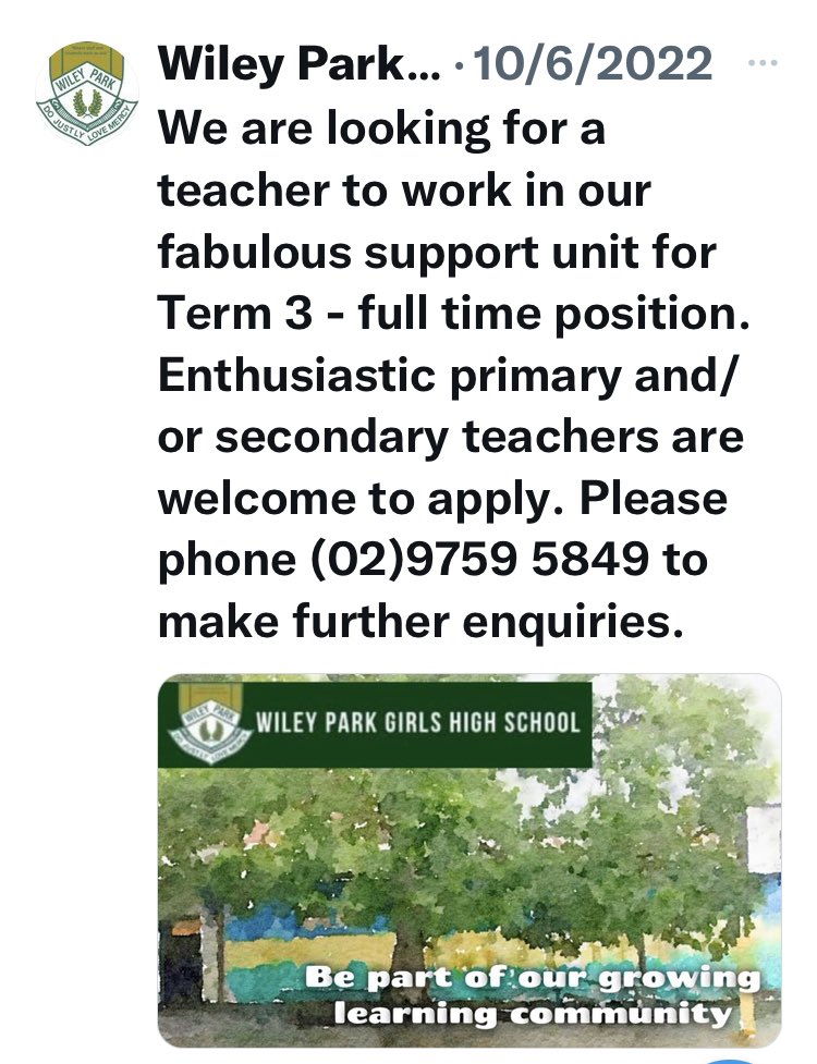 We are still looking for a fabulous Primary or Secondary teacher to do this Support Unit position Term 3. Mostly small classes with SLSO support. We are close to public transport and have a great well-being focussed school. Please contact using phone number below.