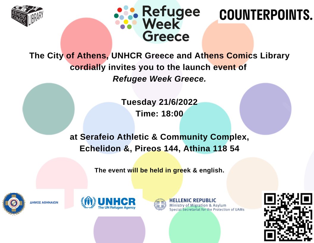 Looking forward to seeing you today at the launch event of #RefugeeWeekGreece for #RefugeeDay! 

✅comic exhibition
✅virtual reality & film screenings
✅artistic activities 
✅discussion around healing
✅snacks from several countries
✅concert by Merak

👉bit.ly/3n9ViR6