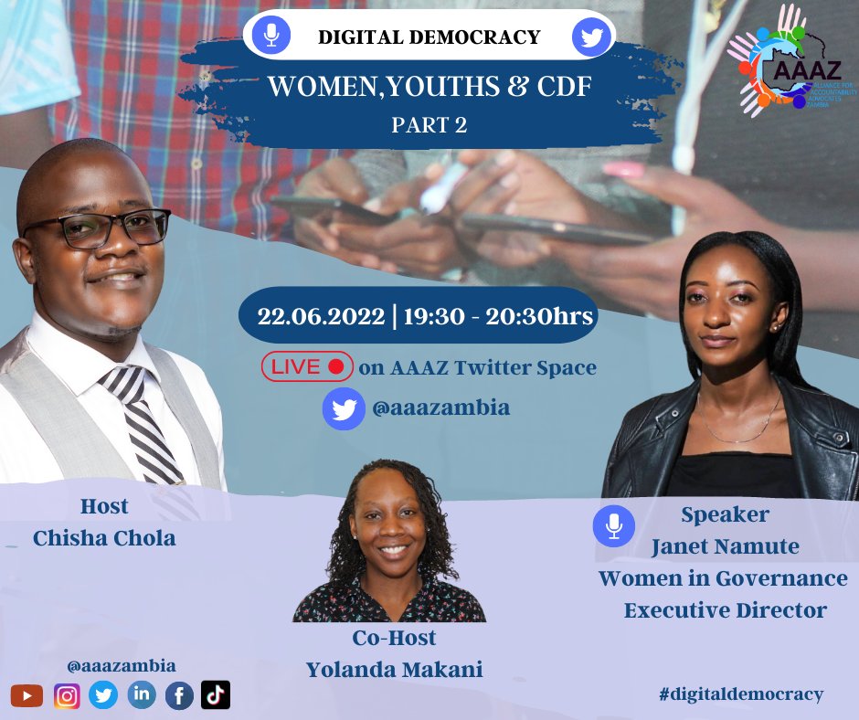 AAAZambia's tweet image. #AAAZ will be hosting a Twitter Space discussion  tomorrow @19:30hrs #SetReminder

Use link to join:  &amp;amp; don't forget to share the link.

#CDF
#youth 
#women