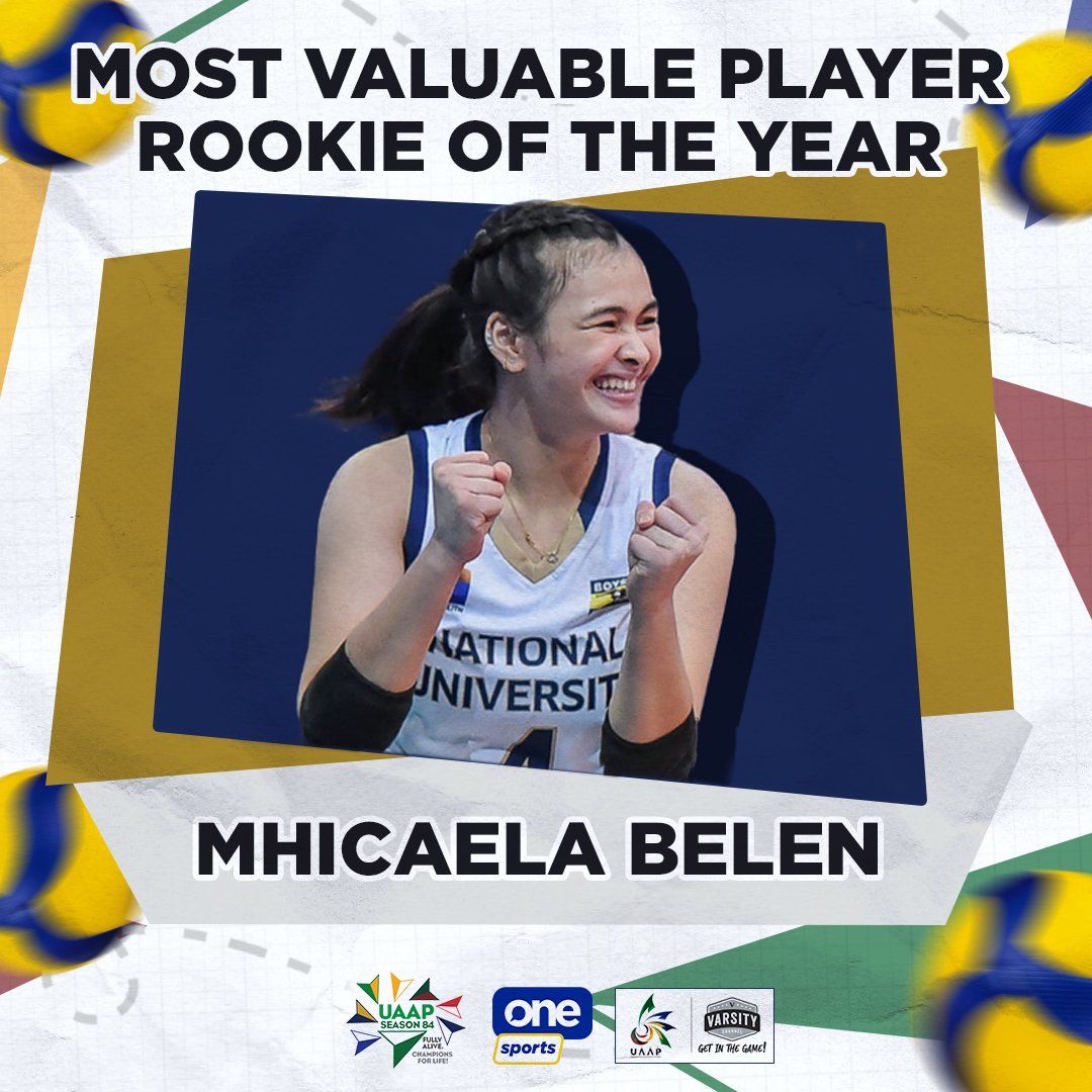 OneSportsPHL's tweet photo. All hail to the new queen! 👑

Make way for Mhicaela Belen, who debuts in the UAAP women's volleyball tournament with not just one but two awards! 

The NU newcomer bags the MVP and the Rookie of the Year honors!

#UAAPSeason84 #FullyAlive #ChampionsForLife https://t.co/bI61J09opc