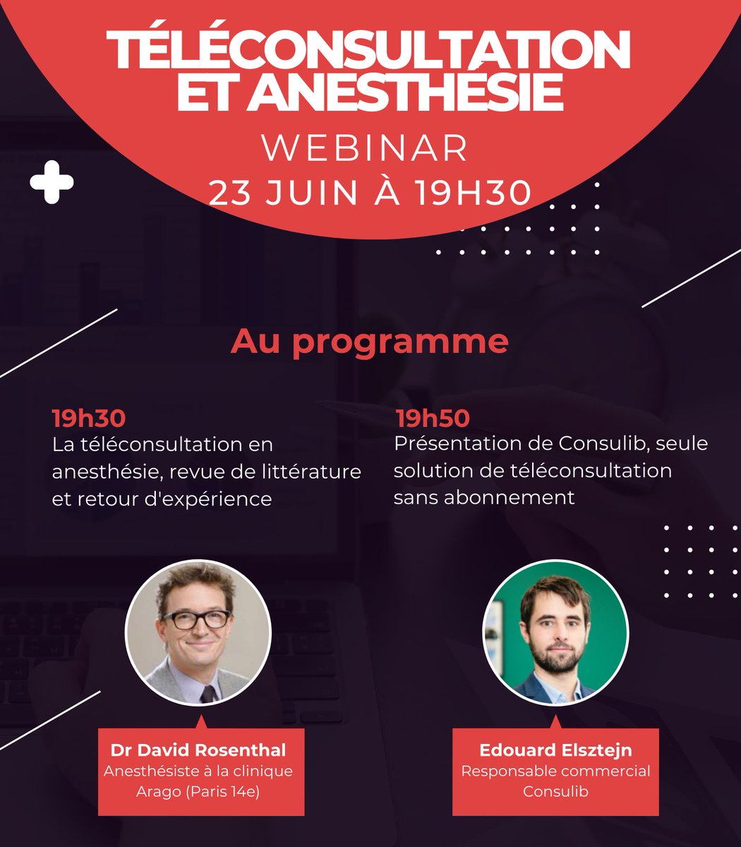 consulib's tweet photo. J-2 ! 
Avant une intervention, la consultation d’anesthésie obligatoire est souvent vécue comme une contrainte. 
La téléconsultation est un outil formidable pour améliorer le vécu du patient.
Cela vous intéresse ? Inscrivez-vous au Webinar : https://t.co/MRXuLnCiEk #anesthésiste https://t.co/j0TG1mPi7w
