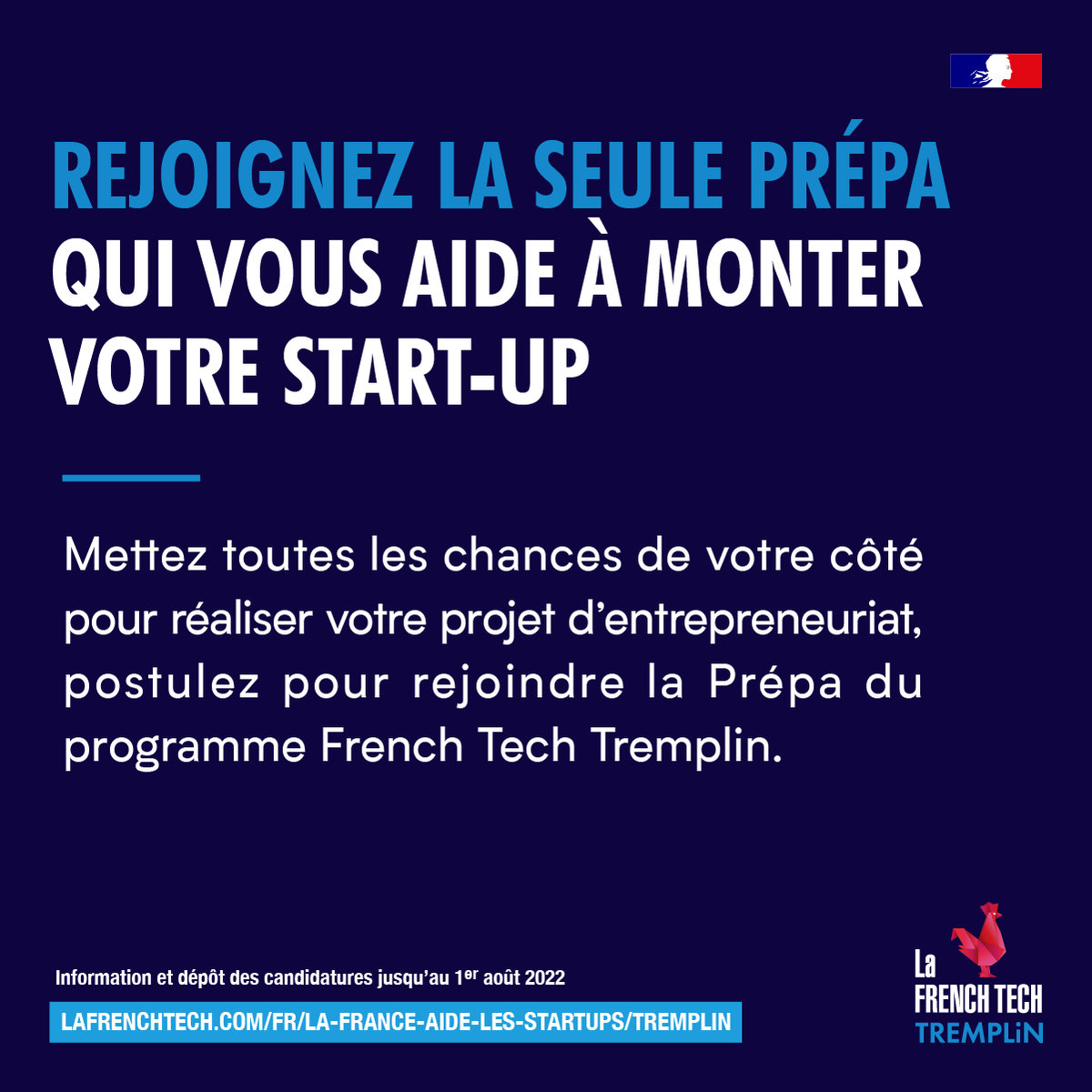 FrenchTechLille's tweet photo. [ FRENCH TECH : APPEL A MANIFESTATION D'INTERET ] 🤩

La Mission French Tech ouvre ses candidatures pour la 3e édition de son programme French Tech Tremplin – phase “Prépa”. 

N'hésitez plus et candidatez ici avant le 1er aout 2022 : 👉 https://t.co/eT08gOJYfE https://t.co/3VIvVG1OXr