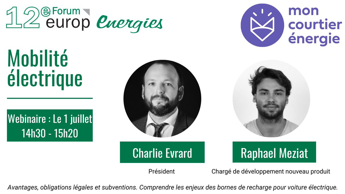 Mon courtier énergie a le plaisir d'animer un #webinaire sur la #mobilitéélectrique🚗 durant le #forum <a href="/EuropEnergies/">EUROP'ENERGIES</a> le 1er juillet 2022 de 14h30 à 15h20. ⚡🦊
Inscription gratuite : bit.ly/FEE22I
#bornederecharge
👇