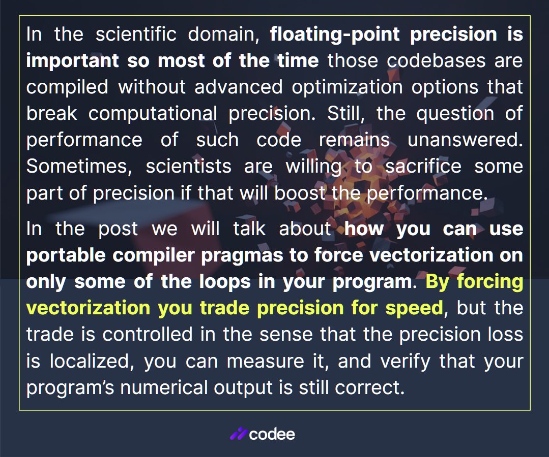 codee_com's tweet image. #CodeePerformanceTip: Performance and numerical precision, do they go together? 

From our blog about #PortableCompiler pragmas and how you can use them to improve the speed of your program with minimal reduction in performance: codee.com/trade-precisio… 👇