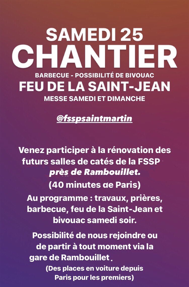 Samedi chantier avec feu de la Saint-Jean en fin journée à 40 minutes de Paris. 
Vous pouvez venir seul ou entre ami en voiture ou en train depuis Paris. 
Venez en privé pour plus d’infos. 
(à partager svp)