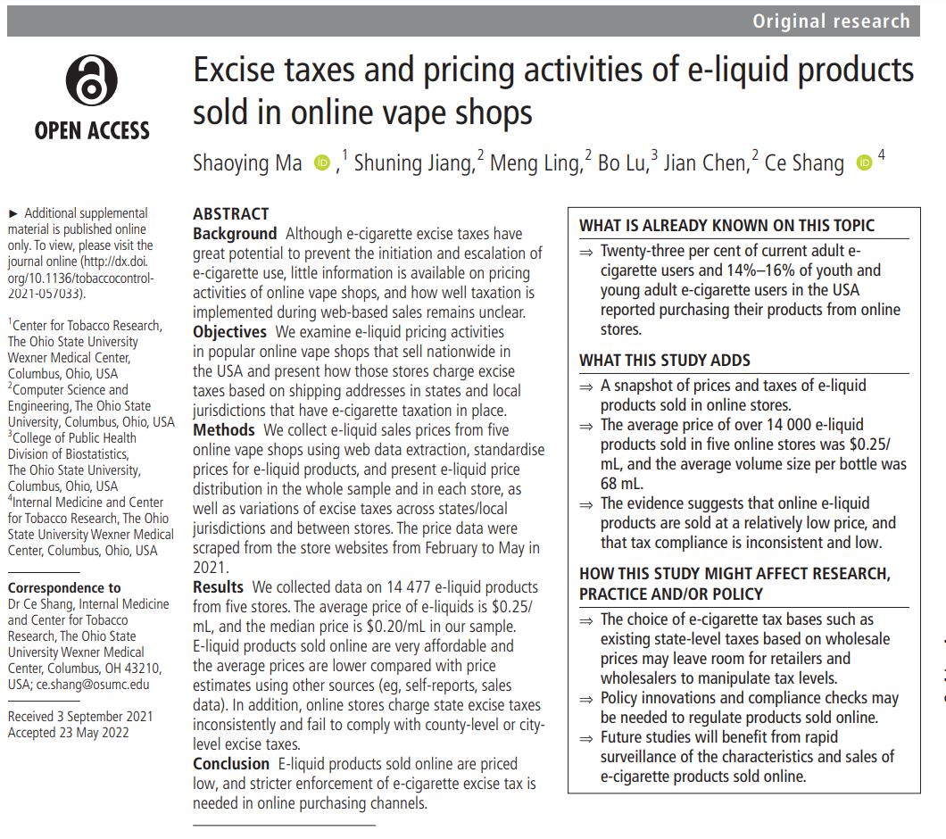 USA: E-liquid products sold online are priced low, and stricter enforcement of e-cigarette excise tax is needed in online purchasing channels bit.ly/3N5jJtv @ShaoyingMa