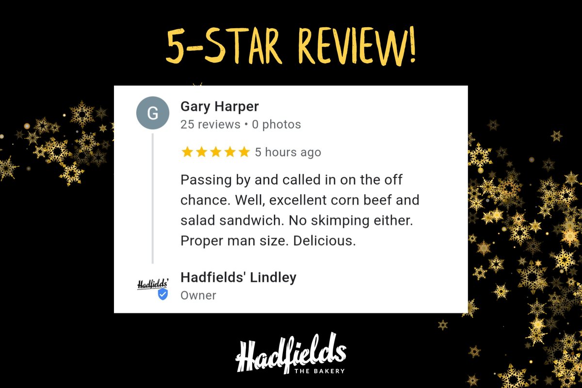 hadfieldsbakery's tweet photo. We received a 5-star review at our Lindley branch.

Thank you for great review, Gary!

#Bakery #Huddersfield #Breakfast #Lunch #Sandwich https://t.co/xmNXPuJDgp