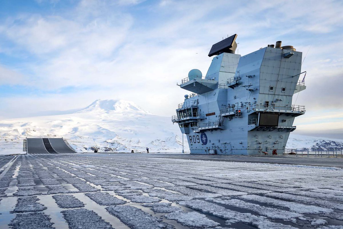 AGILtd_UK's tweet photo. An icy picture of HMS Prince of Wales testing the boundaries of carrier operations in the Arctic earlier this year. 

The vessel sailed within 900 miles of the North Pole to demonstrate the ability of Queen Elizabeth-class carriers to operate in harsh environmental conditions. https://t.co/cAeno9iGBm