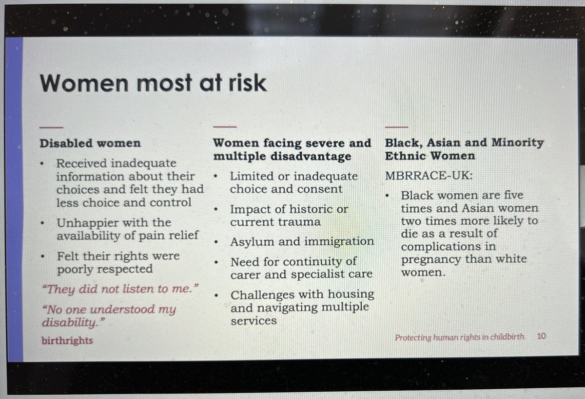 DrTamaraKubba's tweet photo. Powerful session from @eprochaska founder of @birthrightsorg focusing on women’s perspectives on their maternity experience + how human rights are essential for safe maternity care #MLW22 #maternitycare #matexp @L6UPY @RCObsGyn @BMFMSNews @DOckendenLtd https://t.co/N6hrwj7SvI