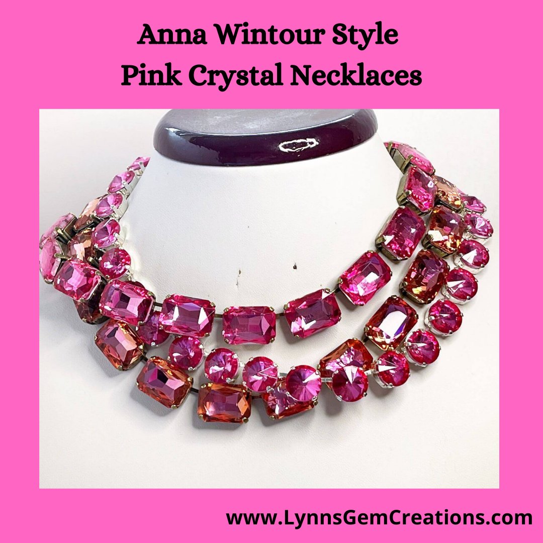 Pretty in Pink! 🤩⁠ Perfect for those that like the Anna Wintour style.⁠ 😍⁠ bit.ly/3xHfMpx #crystalnecklace #layeringnecklaces #statementnecklace #annawintour #georgiancollet #victoriannecklaces #boldjewellery #makeastatement #riverenecklace #historicalnecklaces