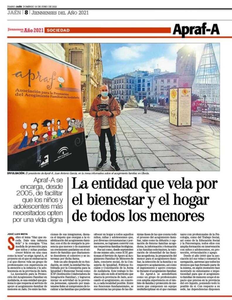 APRAF's tweet photo. Agradecemos el reportaje expreso del @DiarioJAENes   a @APRAF con motivo de la concesión del #Premio Jiennenses del Año a los Valores Humanos. 
Se acerca el día 🙂 
#APRAF #Jaén #ProvinciadeJaén 
#PremiosJienensesdelAño
#DiarioJaén 
#AcogimientoFamiliardeMenores
#HazQueSuceda https://t.co/856rCXve4o
