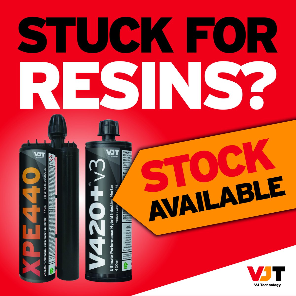 With the current stock challenges for high performance resins, VJ Technology are here to help! We have large quantities of our high performing resins in stock!

Call-01233 652520
Email-technical@vjtechnology.com
Visit - vjtechnology.com
 #technicalfixings #technicalanchors