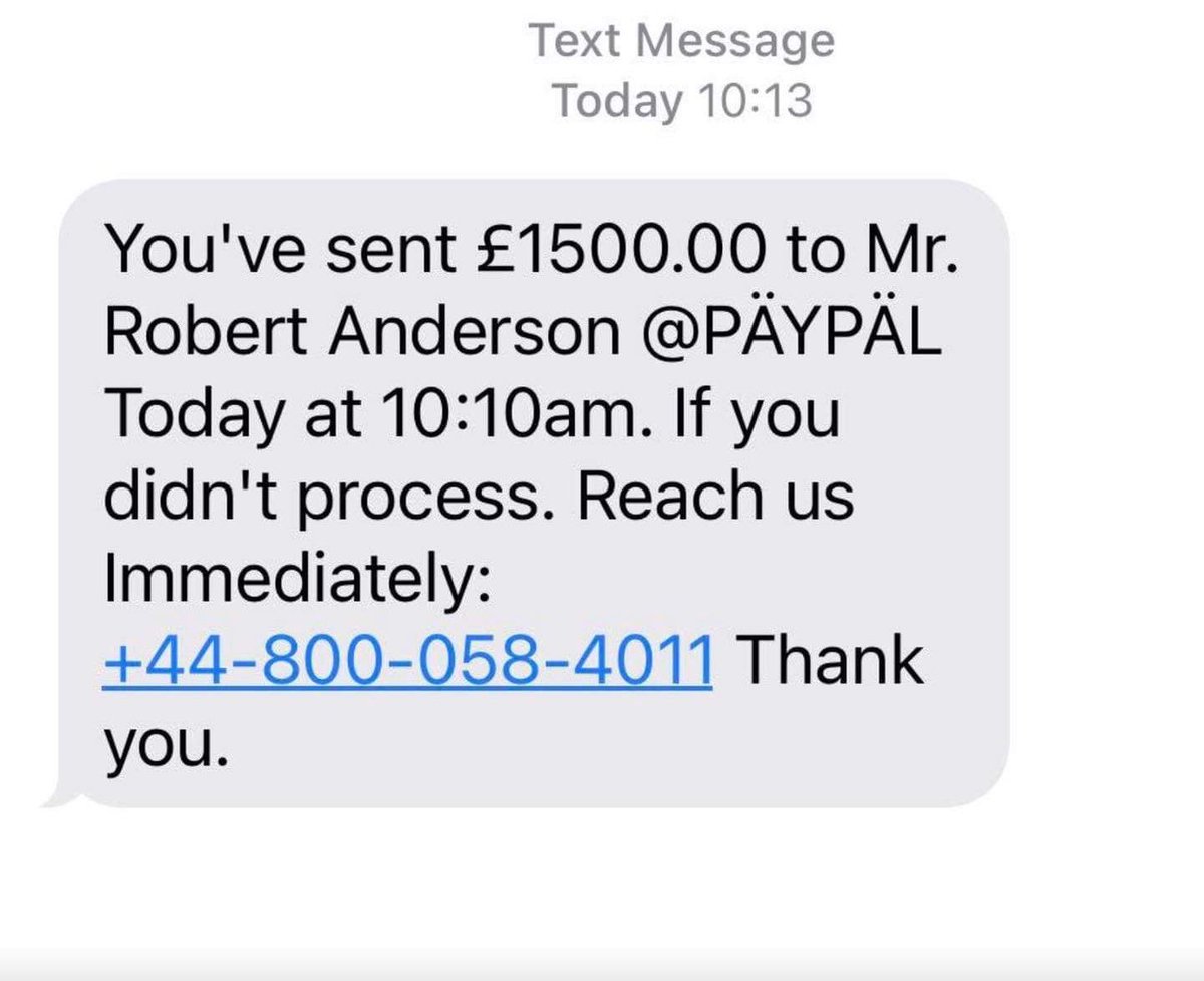 Scam_Alert_UK's tweet photo. PayPal text scam.
Follow our Scam Alert U.K. Facebook page for active scams. https://t.co/0PFC2fm7MD