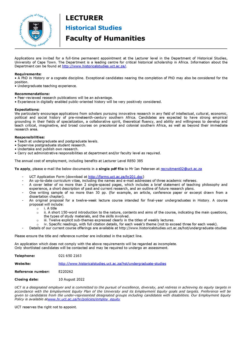 UCT_HST's tweet image. Lectureship at the Department of Historical Studies, University of Cape Town