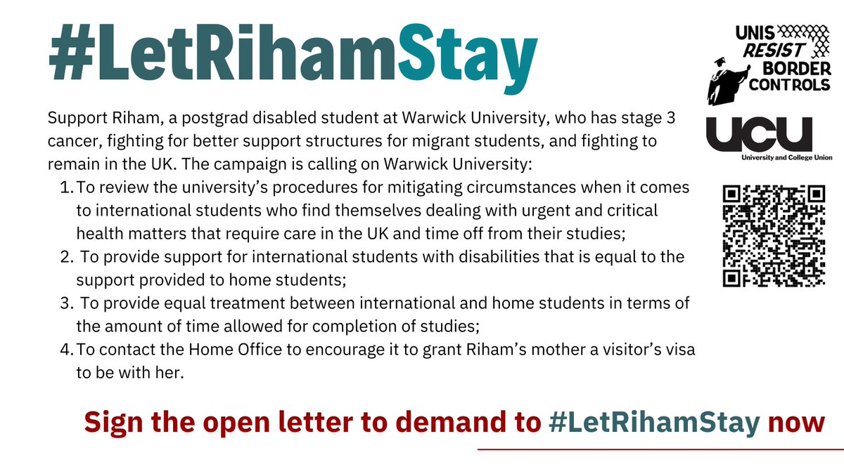 UnisResistBorders #WearAMask #BordersKillKnowledge (@unisnotborders) on Twitter photo 🚨 Support #LetRihamStay, demand better support <a href="/warwickuni/">University of Warwick</a> for disabled migrant students!
‼️ Sign the open letter endorsed by <a href="/UnisNotBorders/">UnisResistBorders #WearAMask #BordersKillKnowledge</a> & <a href="/WarwickUCU/">Warwick UCU</a>: tinyurl.com/mt9pdnbz
‼️ Donate to Riham's GoFundMe to help stay in the UK: gofund.me/a1036d83 🚨 Support #LetRihamStay, demand better support <a href="/warwickuni/">University of Warwick</a> for disabled migrant students!
‼️ Sign the open letter endorsed by <a href="/UnisNotBorders/">UnisResistBorders #WearAMask #BordersKillKnowledge</a> & <a href="/WarwickUCU/">Warwick UCU</a>: tinyurl.com/mt9pdnbz
‼️ Donate to Riham's GoFundMe to help stay in the UK: gofund.me/a1036d83