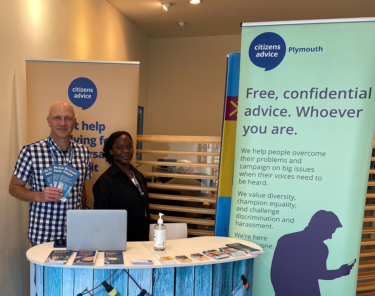 PlymouthCAB's tweet photo. David and Jessica out spreading the word for Scams Awareness Fortnight. Many thanks to #BarclaysPlymouth for hosting us.  

It can happen to anyone. Be #scamaware  

#scams #fraud #actionfraud #againstscams #phishing #awareness #avoidscams #beware #Plymouth https://t.co/pWQlwaGzQq