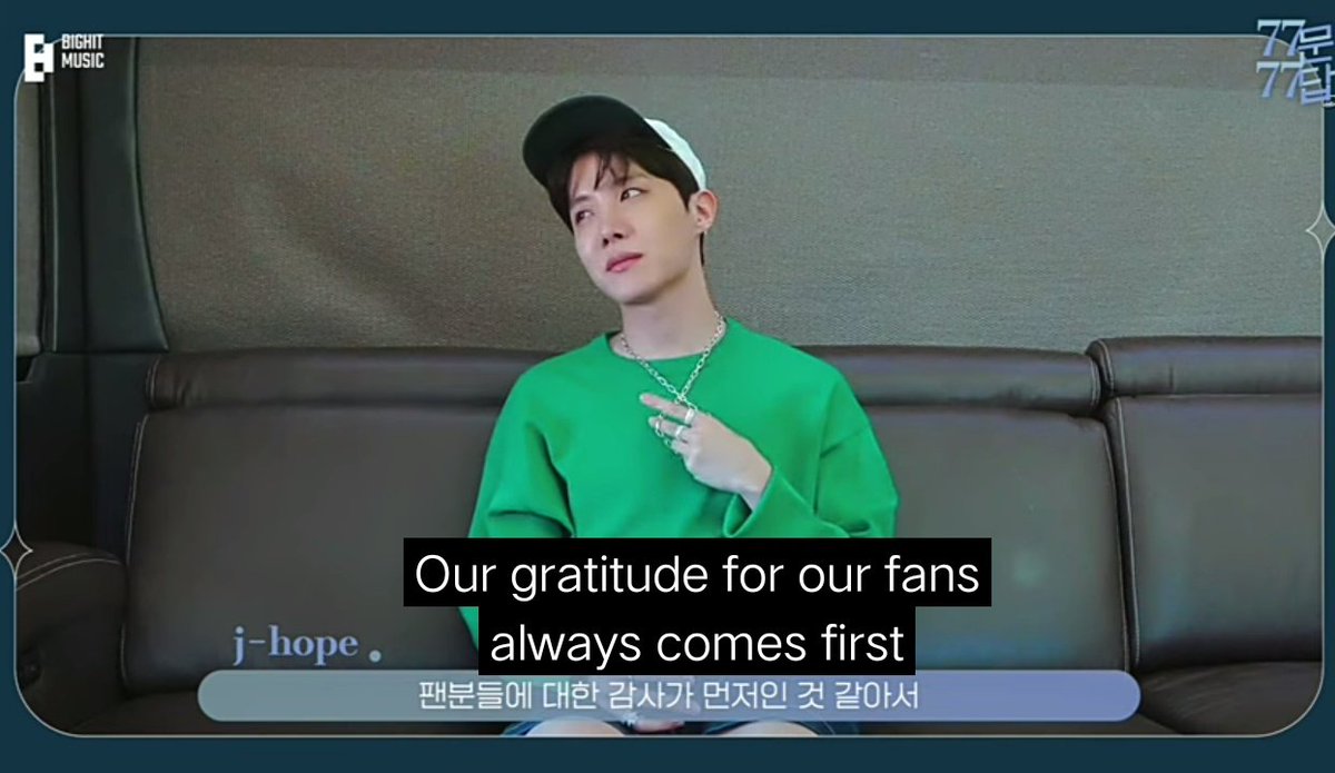 mygbebe's tweet photo. "Our gratitude for our fans always comes first. ARMY has made our 'most beautiful moment in life' and shaped our youth." - Hoseok https://t.co/0Y0KsGQqCd