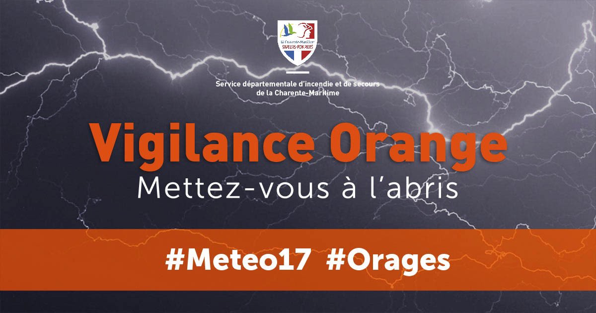 SDIS17's tweet photo. [🟠 Vigilance Orange 🟠]
@meteofrance vient de placer une nouvelle fois le département de La #CharenteMaritime en #vigilanceOrange orages ⛈.
➡️ Mettez en sécurité vos biens
➡️ Informez-vous!
#Meteo17 https://t.co/Az5ITd56P1