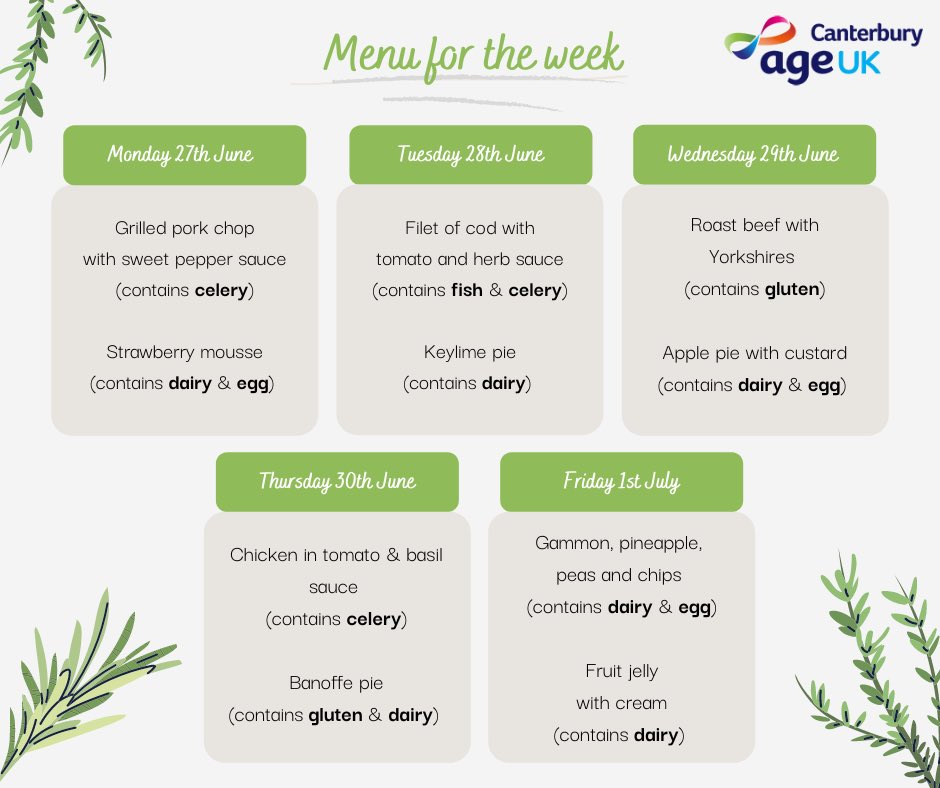 Here is our ✨Meals at Home Service menu✨ for next week. Each two course meal is lovingly made in our centre and costs £8.50, including home delivery🚙 All meals are served with potatoes and two veg. Interested in ordering? Please give us a call☎️ on 01227 462368.