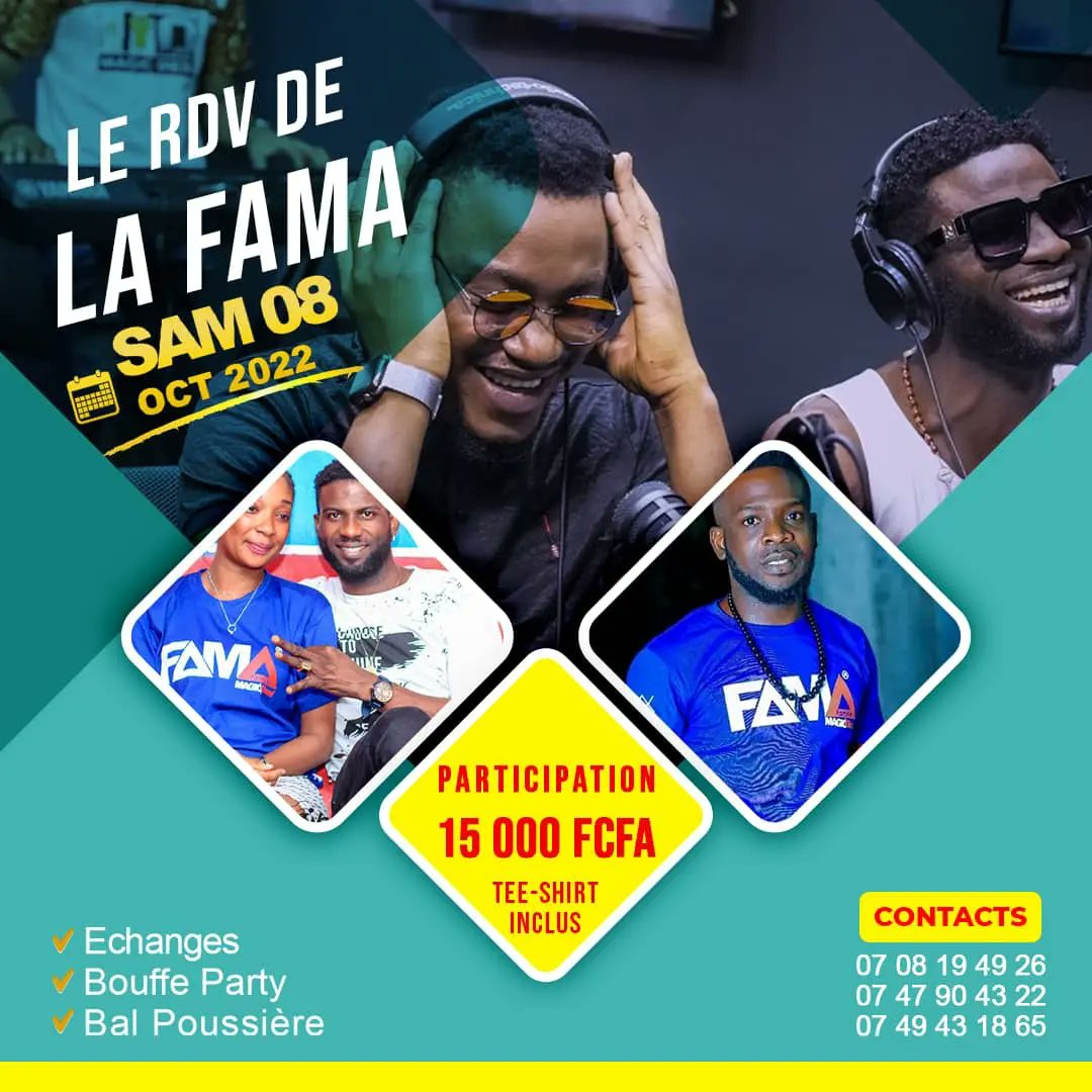 AttinMiesssan's tweet photo. 🚨🚨 INFO LA FAMA 🚨🚨
LE RDV DE LA FAMA ACTE III

Participation : 15.000frcs/ tee-shirt personnalisé inclus

Adjaméééé liberté
 💪🏽🙏🏽
#𝐿𝑖𝑓𝑒2𝐴𝑡𝑡𝑖𝑛𝑀𝑖𝑒𝑠𝑠𝑎𝑛 #LaFama #MagicDiezel #CIV225 https://t.co/wKyqqzOlF5