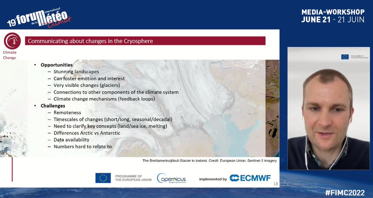 Communication about cryosphere & climate sees opportunities but also multiple challenges. Julien Nicolas lists the most important ones: -data availability -clarification of key concepts -differences Arctic vs Antarctic More about cryosphere: bit.ly/3o1rJkr #FIMC2022