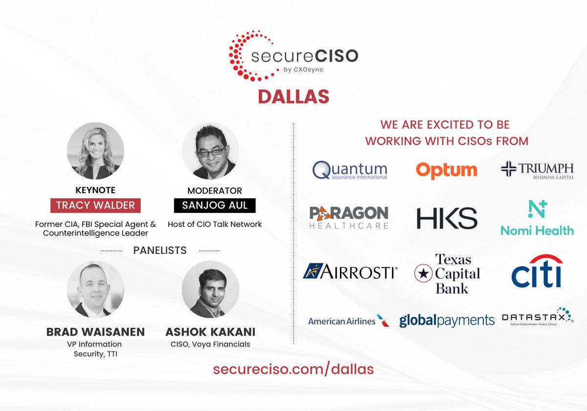 #CISOdallas by #secureCISO is happening on June 23rd!

Register here: lnkd.in/ew8J5Hs

#ciso #infosec #cybersecurity #security #data #bigdata #threatprevention #digitaltransformation #ransomware #informationsecurity #thoughtleadership #leadership