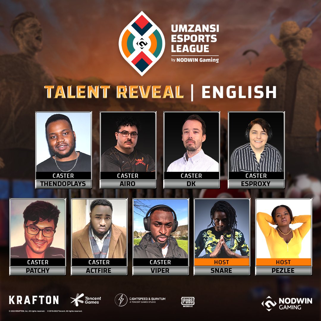 Presenting you the Talents who will entertain you in English throughout our course of Umzansi Esports League S5.

#umzansi #pubgmobile #fifa