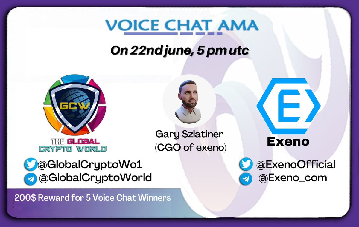 📢 We're Pleased to announce our next voice #AMA with Exeno on 22nd June, 5 pm UTC

💰 Reward Pool: 200$
Venue: t.me/Globalcryptowo… 

♦️ Rules: 
✅ Follow @ExenoOfficial
✅ Like &amp; RT
✅ Comment Questions &amp; Tag 3 Friends with your BEP20 address.