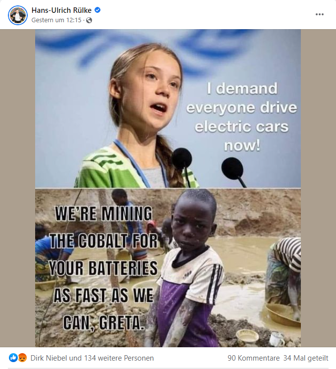 Dieses wirklich infame Fake-Bild postete der FDP-Landesvorsitzende Ba-Wü <a href="/ruelke/">Hans-Ulrich Rülke</a> gestern Mittag auf Facebook.

1. Weder Thunberg noch FfF haben jemals gefordert, ALLE sollten E-Auto fahren.
2. Auf dem unteren Foto sieht man ein Kind in einer afrikanischen Goldmine.
3.

THREAD 1⃣/