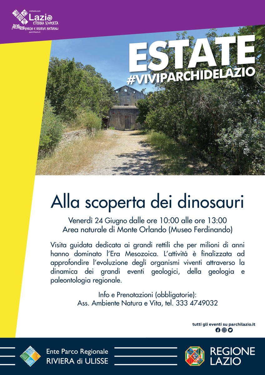 📅 #SaveTheDate

Inizia l'#estate nel #ParcoRegionaleRivieraDiUlisse con tante iniziative gratuite fino a settembre.

👉 Venerdì 24 Giugno a #MonteOrlando (#Gaeta), "Alla scoperta dei dinosauri".

📝Info e Prenotazioni: tel. 333 4749032 

#parchilazio #viviparchidelazio