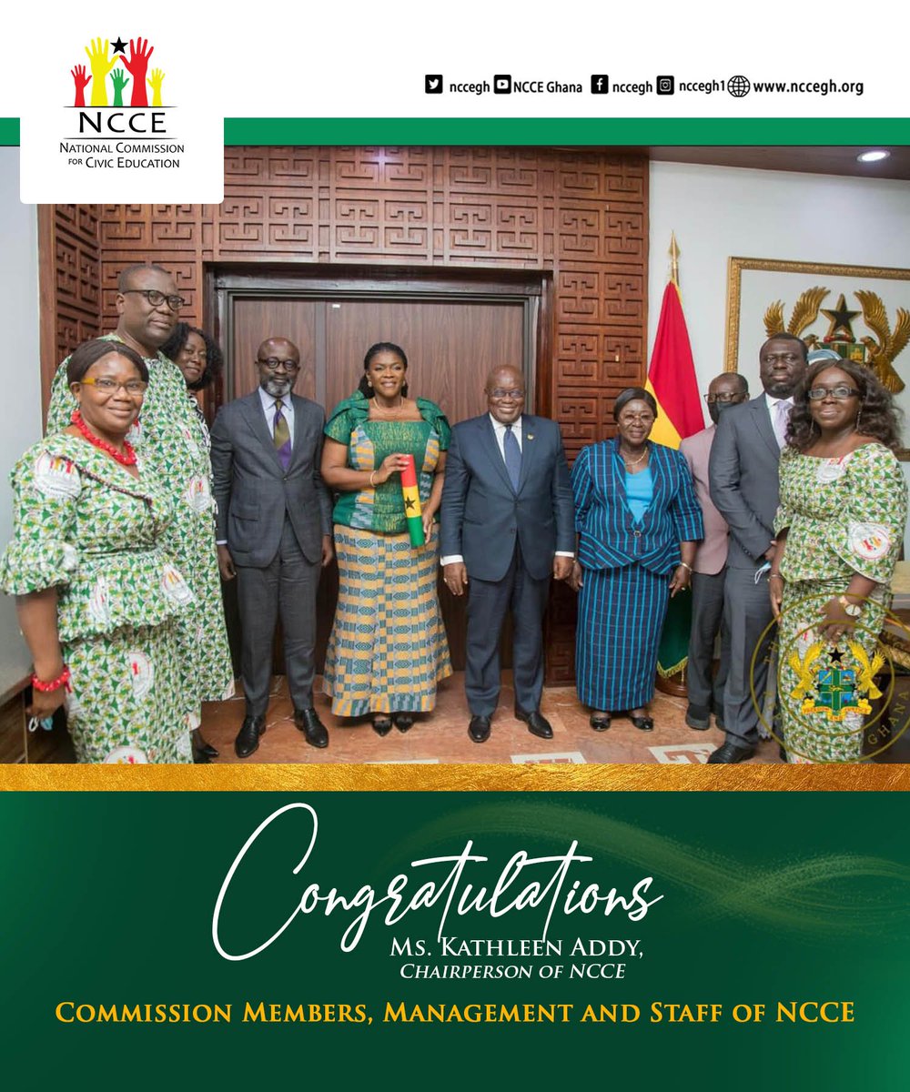 nccegh's tweet image. Commission Members, Management and Staff of NCCE congratulates @kathy_addy on her confirmation as Chairperson. They accompanied Ms. Addy to the @GhanaPresidency to receive her Instrument of Office.
#newchair #congratulations #ncceghana  @Hajara_mr @sammiakuamoah @abenaanyidoho1