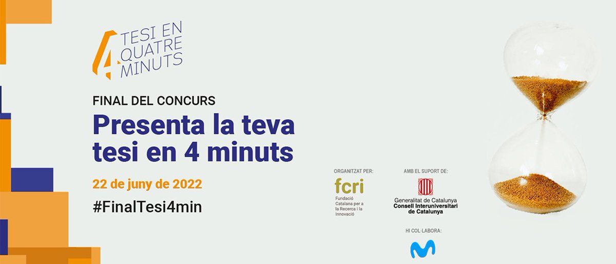 fcri_cat's tweet photo. ⏱Comença el compte enrere per a la final de 
de la 5a edició del concurs "Presenta la teva tesi en 4 minuts".

🗳️Com a públic podreu votar per la vostra presentació favorita‼️

🔴Seguiu la final en directe aquí👉https://t.co/ZwS4p6aIUe

#FinalTesi4min https://t.co/pOoVlxHFvJ