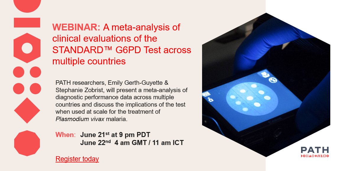 📢Upcoming webinar on diagnostic performance data across multiple countries and the implications of the G6PD test when used at scale. 

👉Register today: path.zoom.us/meeting/regist…
