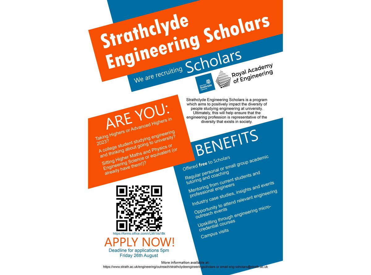 DYW West (@dywwest) on Twitter photo Are you taking highers/adv. highers in 2023 or at college studying #Engineering?🤔
Check out <a href="/StrathEng/">Strathclyde Engineering</a> Scholars programme!👀
Successful applicants will receive a personalised scholarship package of free support😄
View eligibility👉 buff.ly/3n448jv
<a href="/UniStrathclyde/">University of Strathclyde</a> Are you taking highers/adv. highers in 2023 or at college studying #Engineering?🤔
Check out <a href="/StrathEng/">Strathclyde Engineering</a> Scholars programme!👀
Successful applicants will receive a personalised scholarship package of free support😄
View eligibility👉 buff.ly/3n448jv
<a href="/UniStrathclyde/">University of Strathclyde</a>
