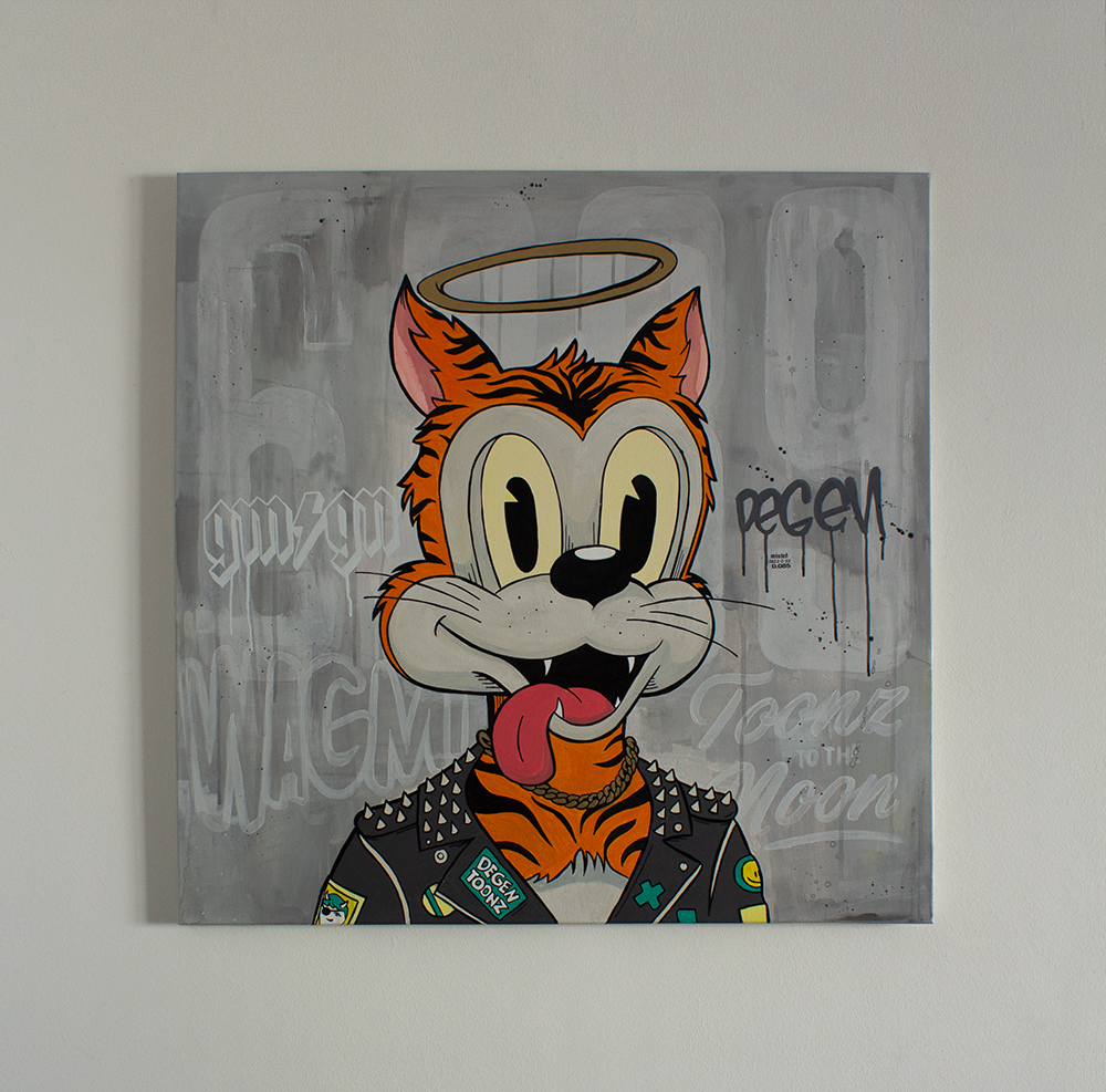 On time the painting of my #foreverToon Woody Holy 🐯 is finished. He has been with me from the beginning and will probably always be💥 <a href="/DegenToonz/">Degen Toonz</a> #TOONZDAY #toonztothemoon #Toonz4Life  🧨🧨🧨
🖼️1 x 1 m, 🎨acrylic/varnish on canvas