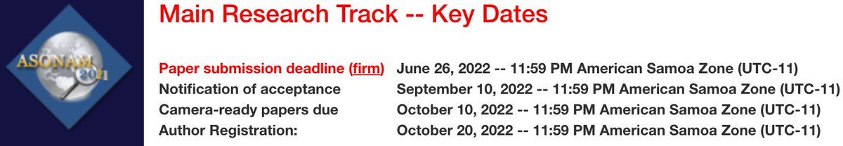 Walid_Magdy's tweet image. The final submission deadline of #ASONAM2022 has been updated to:
June 26, 2022 -- 11:59 PM  (UTC-11)

It is now 5 days to go. We look forward to your submissions. 

Website: asonam.cpsc.ucalgary.ca/2022/

Please share the word!