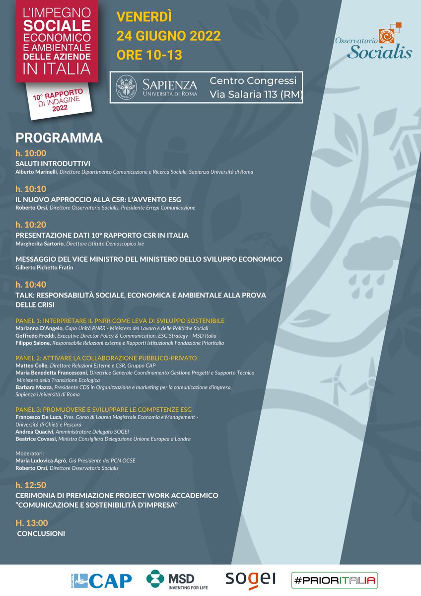OsservaSocialis's tweet photo. 🔆 Svelato il Programma del 10° Rapporto CSR dell’Osservatorio Socialis! Numerosi ospiti e realtà autorevoli verranno coinvolti nel talk "Responsabilità sociale, economica e ambientale alla prova delle crisi".

📌 Partecipa qui 👉 https://t.co/dATUZPXzRZ

#RAPPORTOCSR10 #esg #csr https://t.co/4Wsikp1eFZ