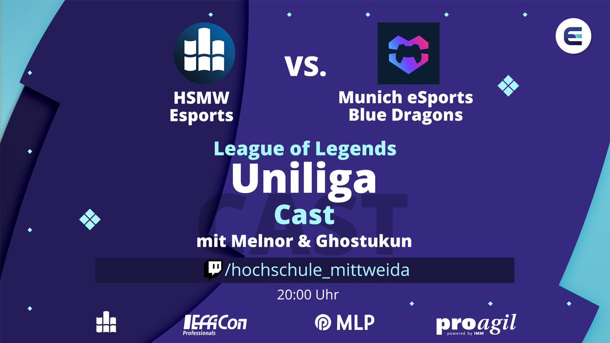 Heute geht es weiter mit der <a href="/uniligaGG/">Uniliga</a>! Unser League of Legends Main-Team kann heute zeigen, ob sie sich in der Kluft gegen die Munich eSports Blue Dragons beweisen können! 

🕗 20:00 Uhr
🆚 <a href="/munich_esports/">Munich eSports e.V.</a>
🎙 <a href="/M3ln0r/">Marc Peter</a> &amp; <a href="/Ghostukun/">Ghostukun</a>
📺 twitch.tv/hochschule_mit…