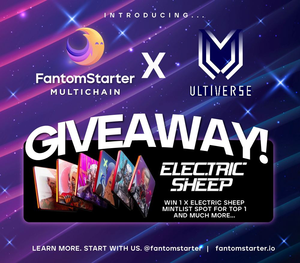 🔥 FantomStarter x <a href="/UltiverseDAO/">Ultiverse</a> Giveaway 🔥

Get a chance to win a Mintlist Spot for Electric Sheep! 

1️⃣ Like, RT &amp; Tag 3 friends
2️⃣ Complete all tasks in Gleam 👇
gleam.io/JUUMj/-fantoms…

⏳ Ends in 30hrs. Good luck!

#NFTs #Mintlist #NFTGiveaways #NFTCommunity #WLGiveaways