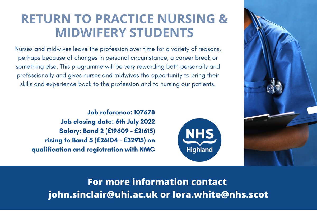 #Nursing #Midwifery An excellent opportunity to return to practice with NHS Highland. Previous NMC registration is essential (ow.ly/cSYm50JCjqa) @NHSHJobs #NHSHCareers #NHSH #TeamHighland @NHSHighland