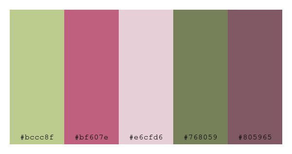 ColPaletteBot's tweet photo. Beep beep, here's a pretty color palette for you! 

color-scheme.js parameters used: 
- hue: 139
- variation: soft
- colors: #bccc8f, #bf607e, #e6cfd6, #768059, #805965

Have a lovely day!

#twitterbot #colorpalette #colors #palette #prettycolors https://t.co/AbAjfaXul9