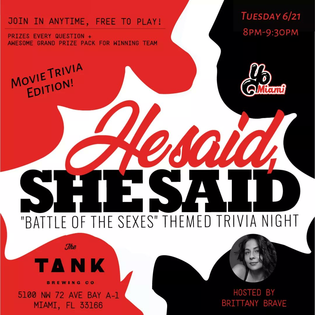 The wildest trivia experience in Miami is back tonight at <a href="/TheTankBrewing/">The Tank Brewing Co</a> w/ <a href="/BritBrave/">Brittany Brave</a> at 8pm! Miami Movie trivia edition #miamitonight #Miami #miamitrivia