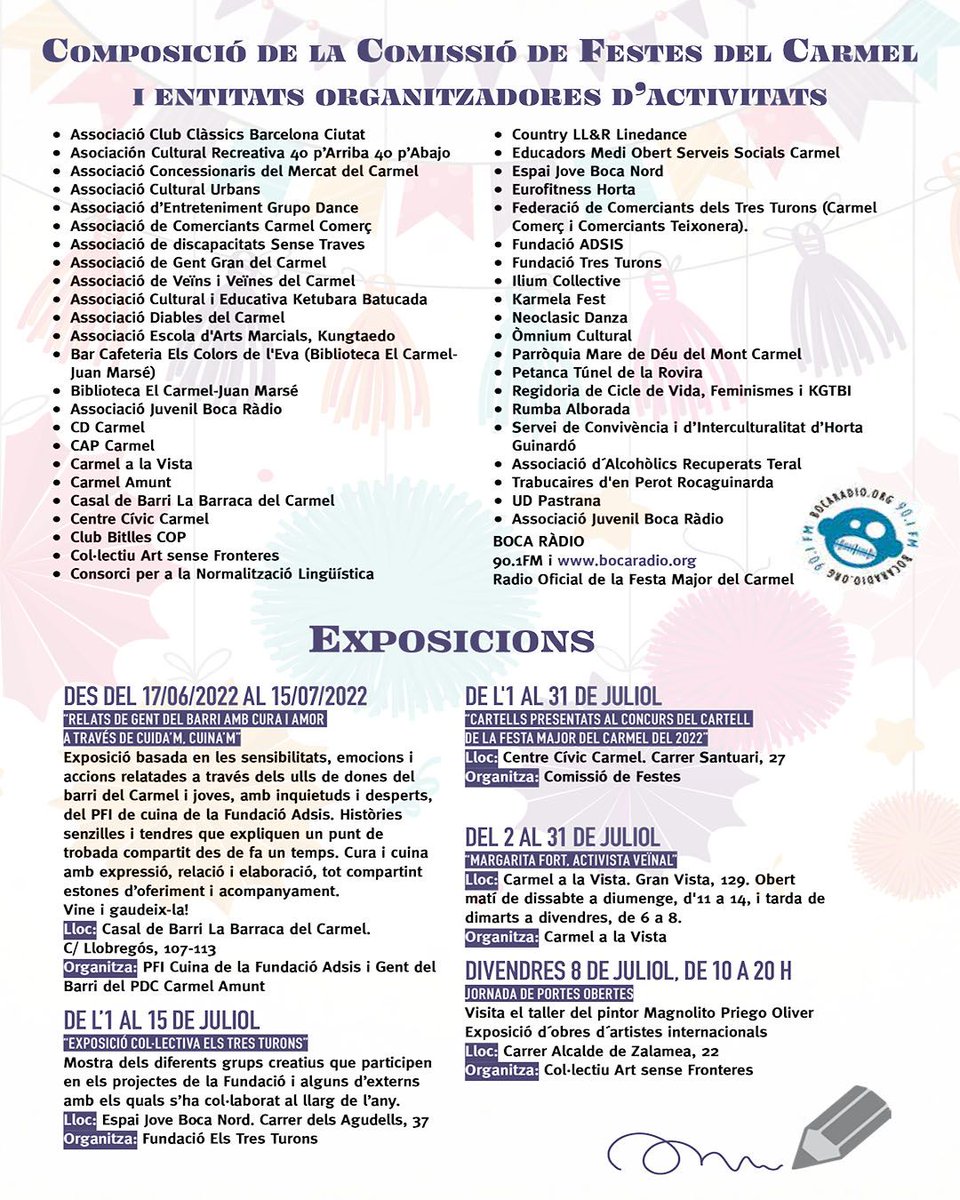 Exposicions a la Festa Major del Carmel 2022
Aqui tens la composició de la Comissió de la Festa Major del Carmel 2022
Exposicions a la Festa Major del carmel
elcarmel.org/programa-feste…
@carmelamunt <a href="/carmelalavista/">Carmel a la Vista</a> <a href="/civiccarmel/">Centre Cívic Carmel</a> <a href="/BOCANORD/">Espai Jove Boca Nord</a> <a href="/Dignitat3Turons/">PHATT (Plat. d’habitatges afectats dels 3Turons)</a>