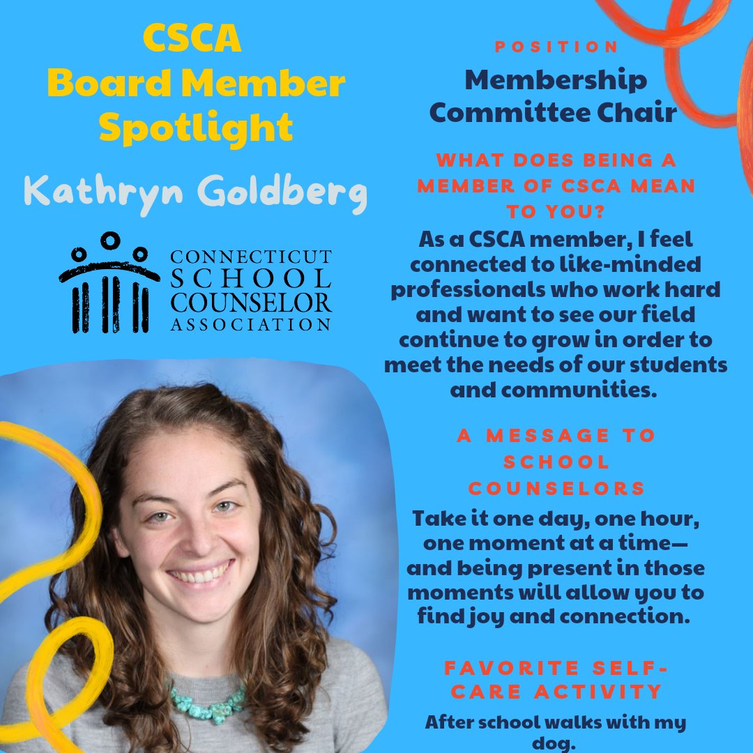 CSCA_Counseling's tweet image. @CSCA_Counseling 2021-2022 Board Member Spotlight🎇Kathryn Goldberg🎇Membership Committee Chair🚶‍♀️🐕🐾
